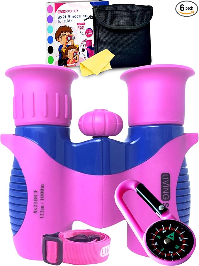 Kids Binoculars 8x21 Pink- Girls Age 3-12, Shock Proof Compact Binoculars for Kids Set- Neck Strap, Compass, Carabiner, Case- High-Resolution Optics Child Gift Toy for Bird Watching, Hiking, Spy