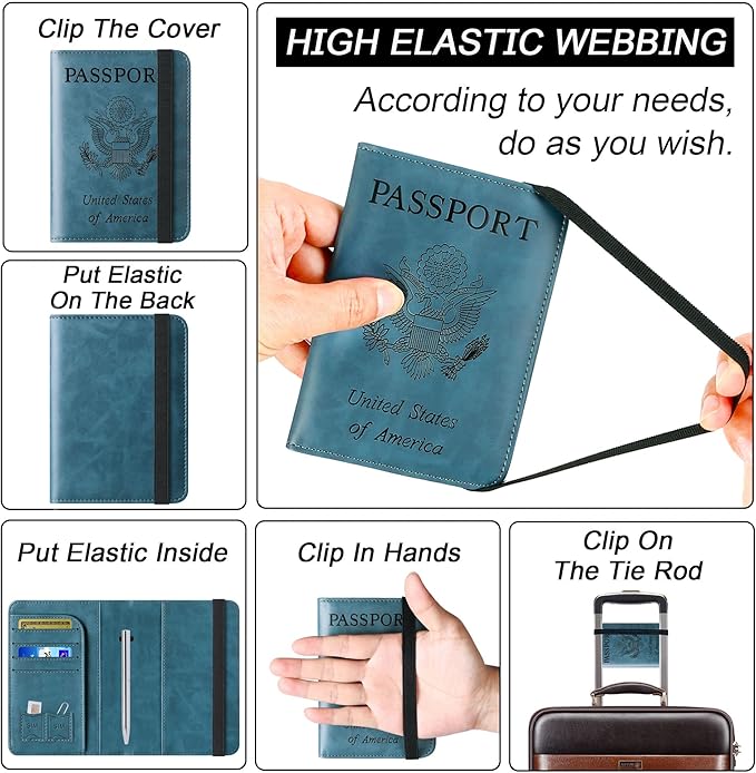 Passport Holder Cover Wallet Travel Essentials Leather Rfid Blocking Case Vacation Luggage Must Haves Travel Accessories for Men Women (116#Blue)