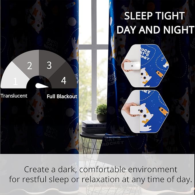 Kids Blackout Curtains - Space Cat Design, 100% Blackout, 2 Panels, Each W52×L84, Thermal Insulated Curtains for Bedroom, Noise Reducing, Combine Functionality with a Fun and Creative Design