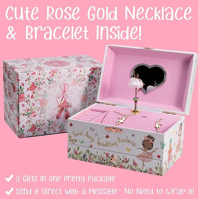 The Memory Building Company Ballerina Musical Jewelry Box, Classic Melody, Storage Organizer Kids Ages 6-12, Wood Construction w/ 2 Compartments