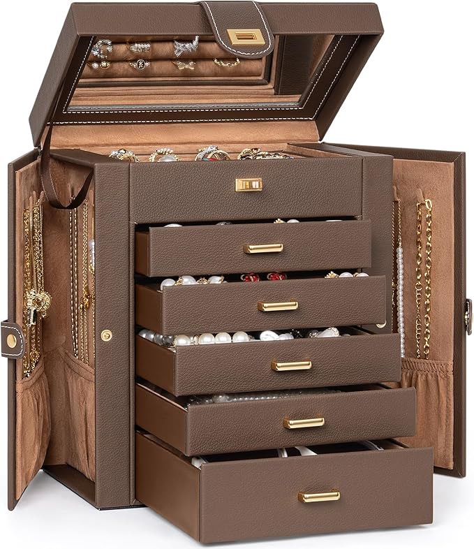 AKOZLIN 6-Tier Jewelry Box Organizer Functional 5 Drawers Leather Jewelry Storage Case for Women Girls Ring Necklace Earring Bracelet Holder Organizer with Mirror Brown