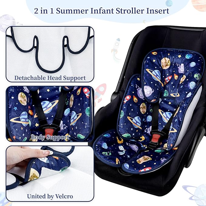 Pea Pod Baby Car Seat Head Support for Newborn, 2 in 1 Infant Car Seat Head Body Support for Boys Extra Soft Breathable Baby Car Seat Cushion Insert for Strollers, Swings, and Bouncers, Blue Space