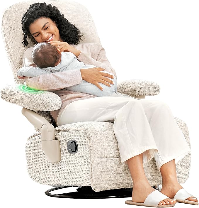 Nursery Swivel Glider Recliner Chair with Adjustable Armrests & Headrest, Rocking Chair Nursery with Removable Cover for Breastfeeding, FSC & Oeko-TEX Certified, Beige