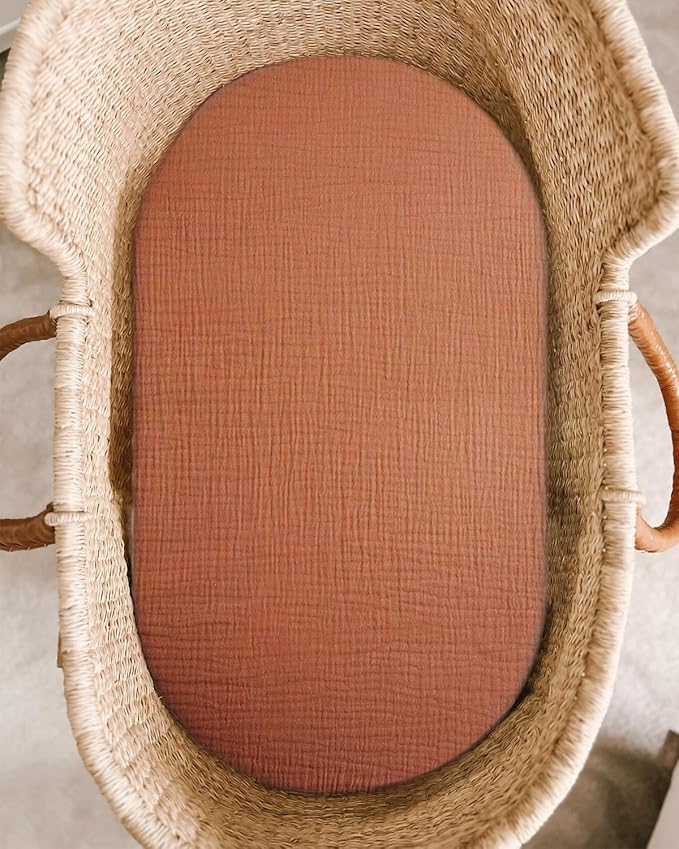 Bassinet Sheet for Baby Boy and Girl, Fitted Sheets for Rectangle, Oval, Hourglass Bassinet Mattress, Muslin Moses Basket Sheets with Neutral Style (Brick)