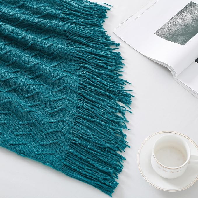 BOURINA Teal Throw Blanket 50x60 Inches Throw Textured Solid Soft Sofa Couch - Image 6