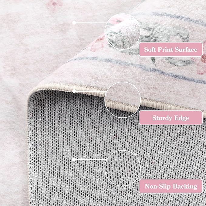Wonnitar Floral Bow Pink Rug for Bedroom, Washable 5x7 Area Rug for Girls Nursery, Ultra-Thin Non Slip Soft Boho Carpet for Kids Room Dorm Living Room, Light Pink