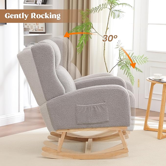Rocking Chair Nursery, Nursing Rocking Chairs for Mom Nursery, Comfy Wingback Glider Rocking Armchair with Side Pocket for Nursery Living Room Bedroom, Teddy Light Grey