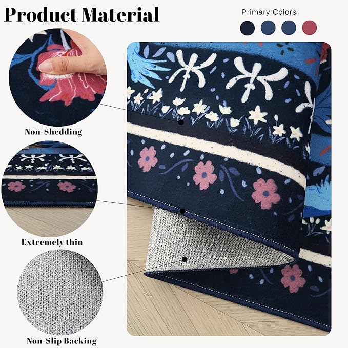 Door Mat Indoor Entrance 2x3 Rug Machine Washable Vintage Floral Botanical Small Area Rug Non-Slip Low Pile Throw Rugs for Entryway, Kitchen, Front Door Entrance, Entry, Kids Room, Blue