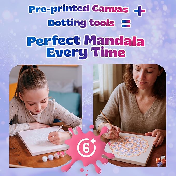 Pinwheel Crafts Painting Kit Mandala for Kids Ages 6-12 - Dot Painting Canvas Set with Mandala Dotting Tools, Paints, Brushes, Easy Instruction - Relaxing DIY Gift, Arts and Crafts Kit for Teens