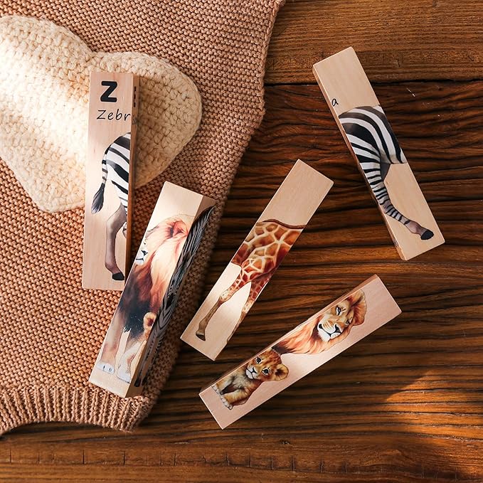 IEATFO 4 in 1 Wooden Animal Chunky Puzzle, 5 Solid Wood Puzzle Blocks with 4 Sides Realistic Safari Animals, Wooden Block Puzzle with Durable Base for Toddlers 3+ Years - Montessori Inspired