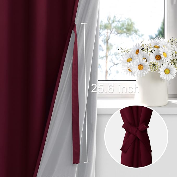 XWZO 100% Blackout Window Curtains - Thermal Insulated & Noise Reduction Black Liner Rod Pocket Window Treatment Sewn with Tiebacks for Bedroom/Living Room, Burgundy, W52 x L45, Set of 2
