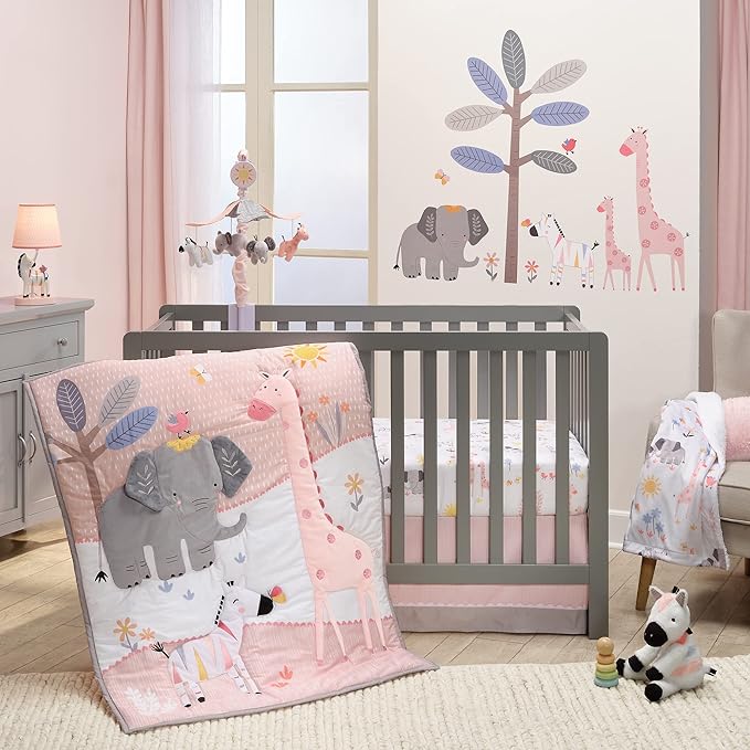 Lambs & Ivy Jazzy Jungle 3-Piece Safari Animals Pink Baby Crib Bedding Set