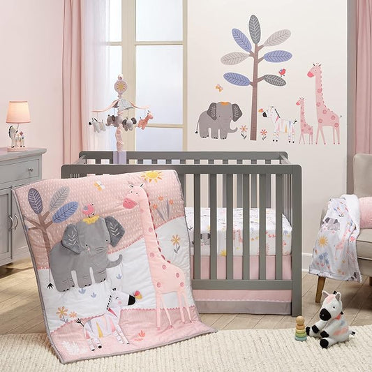 Lambs & Ivy Jazzy Jungle 3-Piece Safari Animals Pink Baby Crib Bedding Set