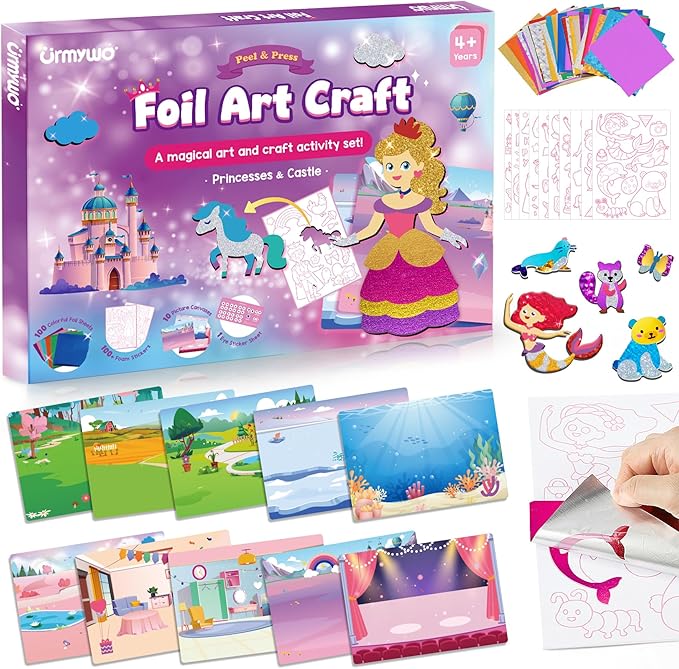 Foil Arts and Crafts for Kids Ages 4-8, Large Size Princess Fun Foil Art Craft Supplies Kits, No Mess DIY Creative Activity Travel Toys, Foam Sticker Coloring Books,Party Favor Birthday Gifts for Kids