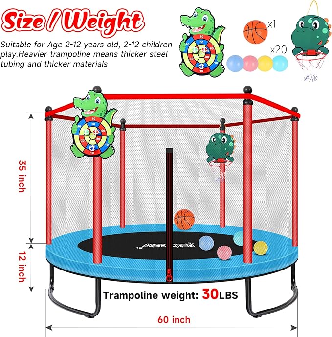 Pink Indoor Trampoline for Kids 2-5, 5ft Mini Indoor & Outdoor Small Toddler Trampoline with Net and Basketball Hoop