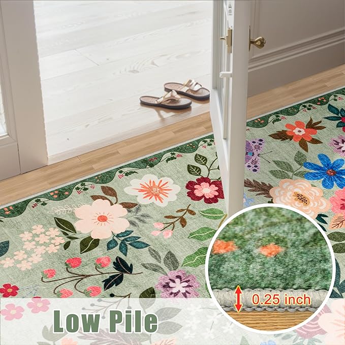 10x14 Area Rugs for Living Room: Floral Washable Rug Vintage Large Soft Boho Non-Slip Carpet Indoor Stain Resistant Low Pile Carpets for Bedroom Dining Room Farmhouse Nursery Hallway Home Office Green