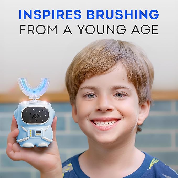 Bendi Kids U-Shaped Electric Toothbrush Ages 2-7 – 360° Mouthguard Design with Memory, 5 Brushing Modes & Multiple Heads Soft Silicone Auto Toothbrush for Toddlers & Children – Travel-Friendly (Blue)