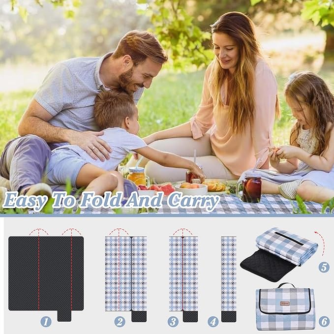 Extra Large Picnic Blanket 80''x 60'' Waterproof Foldable Picnic Mat for Beach, 5-Layer Outdoor Blanket for 6 to 8 Adults,Camping Grass Lawn Park Accessories Couple Park Wedding Registry(Blue Gray)