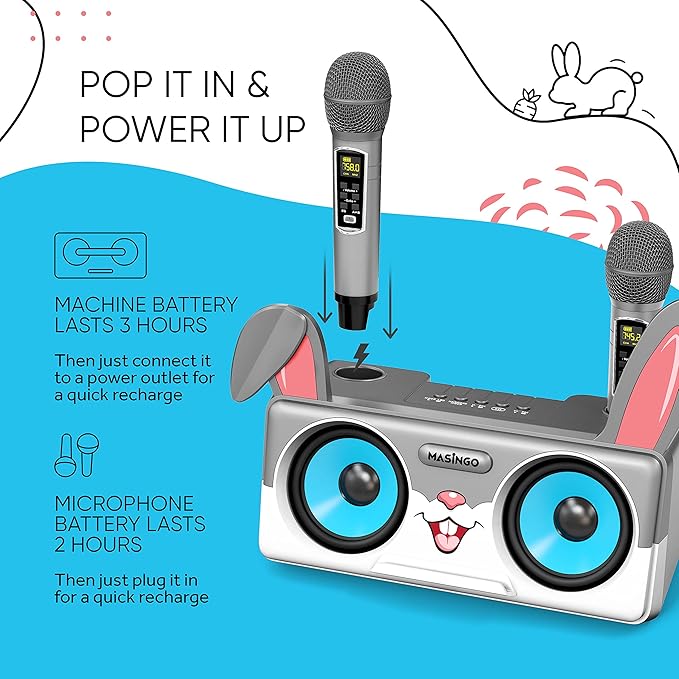 Rabbit Karaoke Machine for Kids, Children and Toddlers with 2 Wireless Bluetooth Microphones, Portable PA Speaker System Includes Lyrics Display Phone Holder, TV Cable and Singer Vocal Removal Mode