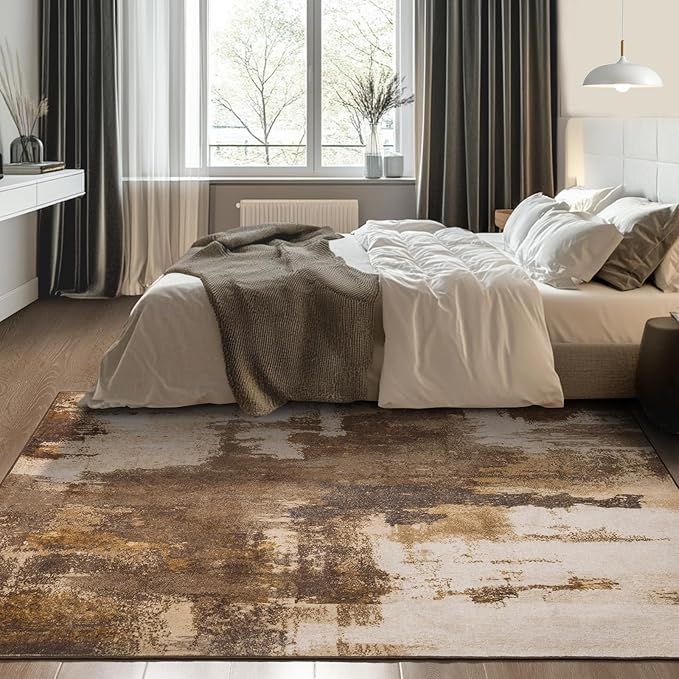 Kelarea Living Room Rug, 4x6 Rug Modern Abstract Washable Rugs Brown Foldable Faux Wool Vintage Carpets, Non Slip Rug for Bedroom, Dining Room, College Dorm, Kids Playroom, Home Office