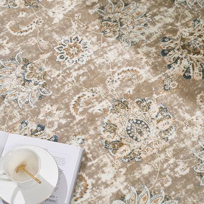 jinchan Round Rug 6ft Area Rug - Taupe Vintage Floor Mat Kitchen Indoor Ultra-Thin Soft Floral Print - Washable Circle 6' Retro Accent for Farmhouse Non Slip Dining Room Living Room Bedroom Office