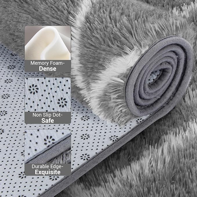 Fluffy Rug for Bedroom, 5X7Feet Stripe Checkered Rug Anti-Skid High Pile for Living Room Bedroom Kids Room Nursery, Dorm Home Decor