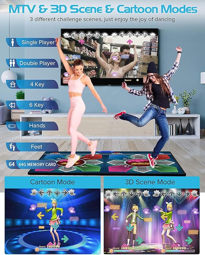 Music Double Dance Mat for Kids and Adults,64G Memory Card,Fitness Dance Games with MV/3D/Cartoon Dance Mode,81pcs MV 885pcs Songs and 1000pcs Games for HDMI TV Fun Senior Flannel Materia