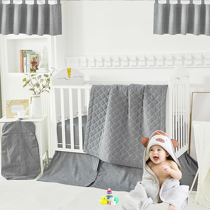 Brandream Gender Neutral Baby Crib Bedding Set 3 Pieces 100% Cotton Like Linen Supersoft Classic Quilted Plaid Design Boho Bohemian Farmhouse Chic Nursery Decor (Gray)