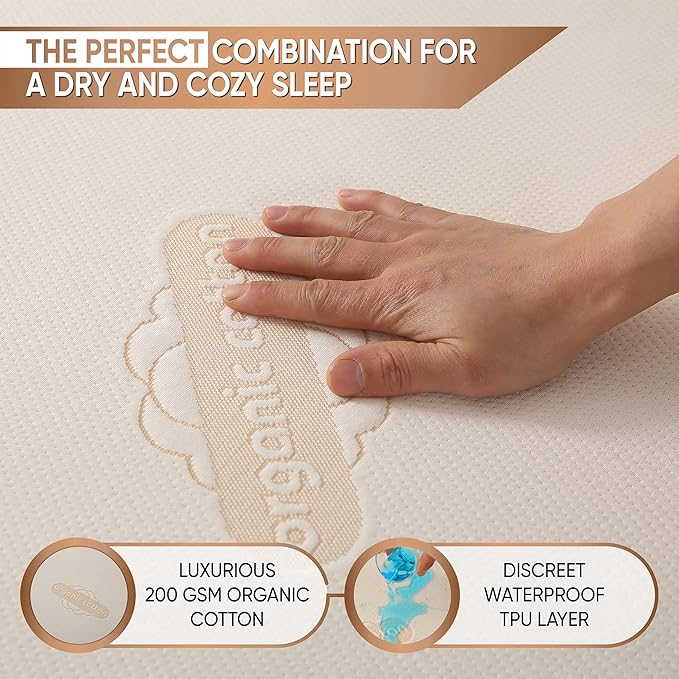 Waterproof Organic Mattress Protector Full - Organic Cotton Breathable Mattress Pad Cover - 250 GSM Comfort - Deep Pocket - Fitted Comfort