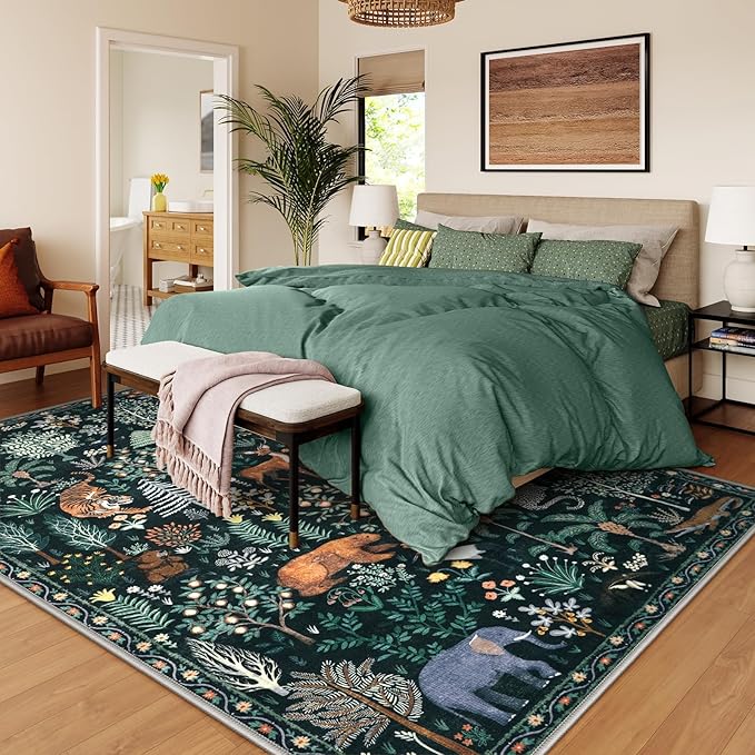 OJIA Jungle Print 8x10 Rugs for Living Room, Green Soft Bedroom Rug Washable Area Rugs 8x10, Modern Dining Room Rug Stain Resistant Floor Carpet for Playroom Kids Nursery Office, Green