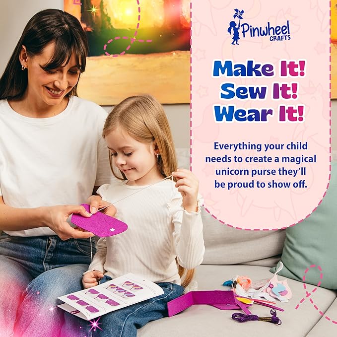Pinwheel Crafts Beginner Sewing Kit for Kids Ages 5 6 7 8-12+ - Make Your Own Unicorn Purse Kids Sewing Kit - Play & Learn to Sew Craft Box, Girls & Boys Birthday Gifts