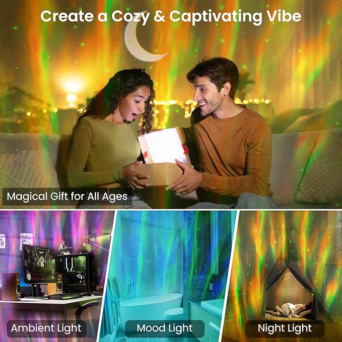 Galaxy Projector with Bluetooth Speaker, Night Light Star Projector for Bedroom, 8 Modes Northern Lights Aurora Projector with Moon, Mood Ambient Lighting for Kids Adults Room, Cord Powered