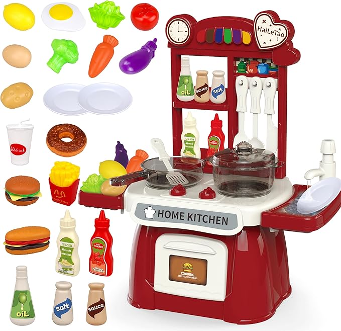 Kitchen Set for Toddler with Sound and Light，Pretend Cooking Food Set,Kids Kitchen Playset，Play Sink with Running Water and Electronic Induction Stove，Kitchen Accessories (red Kitchen Set)