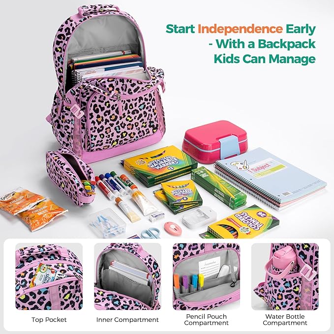 Choco Mocha Cheetah Backpack for Girls, Elementary School Backpack for Girls Ages 6-8 Kids Kindergarten Backpack Large Bookbag 18 Inch with Chest Strap, Pink