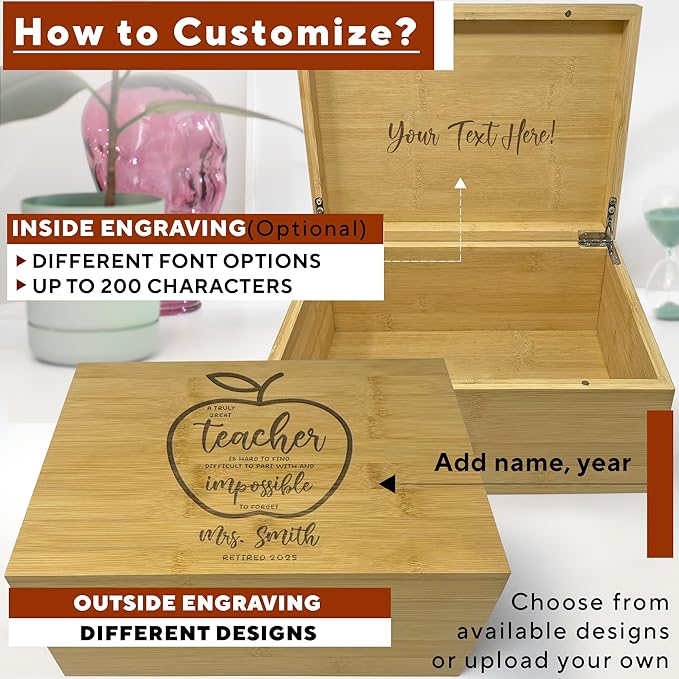 Teacher Retirement Gifts For Women - Personalized Memory Box, Teacher Appreciation Gifts for Coworker, Farewell Gift for Teachers, Keepsake Chest Bamboo Wood, Custom Engraved Design, 11 x 8 x 4,75 in