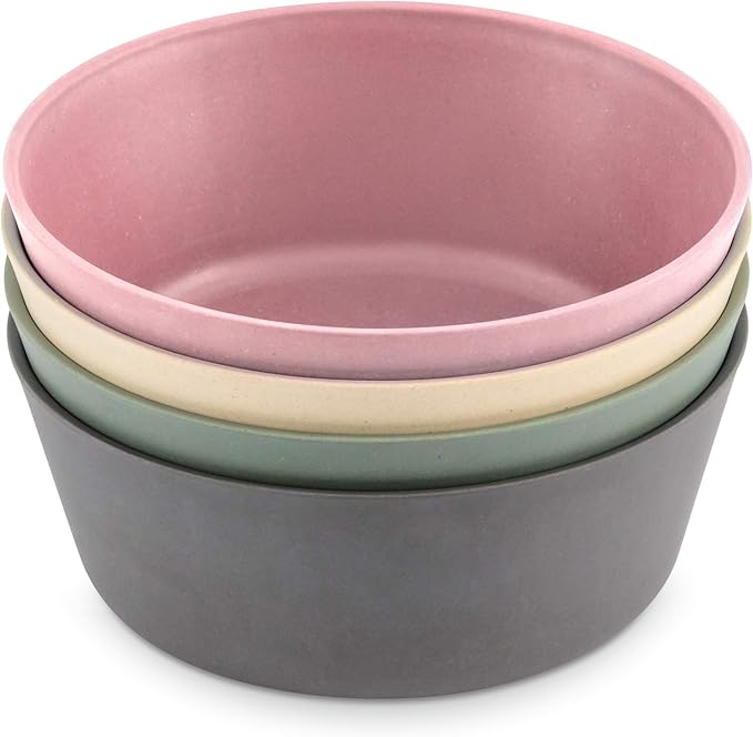 WeeSprout Bamboo Kids Bowls, Set of Four 10 oz Kid-Sized Dinnerware, Cereal, Leftovers & Snack Bowl, Dishwasher Safe (Pink, Green, Gray, & Beige)