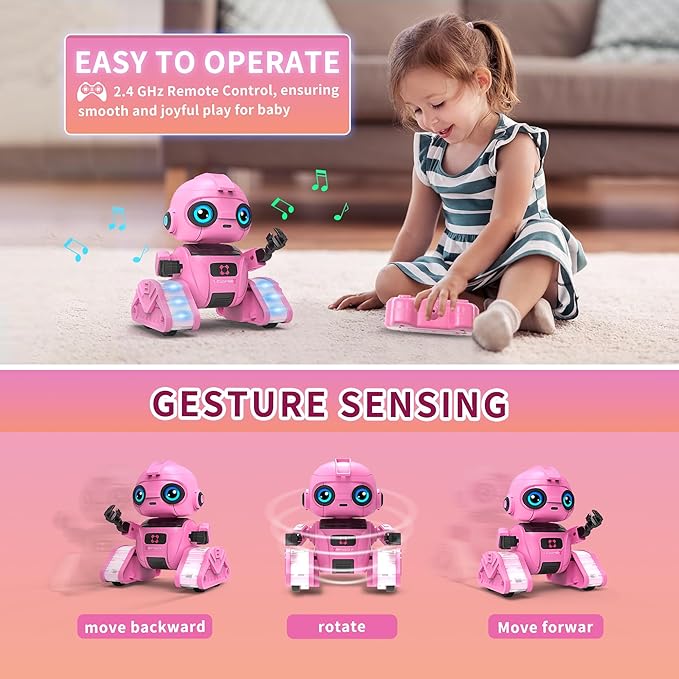 Robot Toys for Boys and Girls, Rechargeable Remote Control Robot with Auto-Demonstration, Light Projection, Dance Moves, Music, and Gesture Sensing –Toy Robot Gifts for 3,4,5,6 year old Girls (Pink)