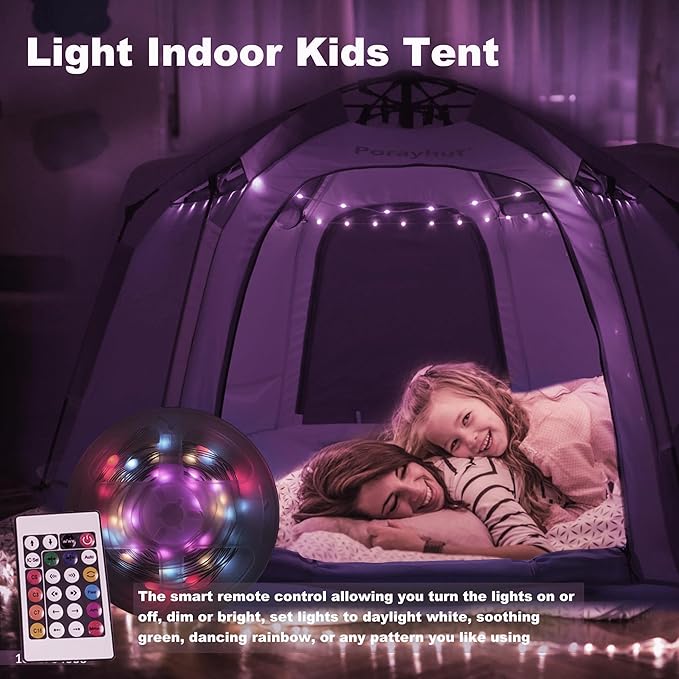 Portable Hexagon Kids Play Tent with LED Strip Lights Indoor Children Play House Easy Set-up Space Dream Tent for Night 4-5 Person & Birthday Gifts