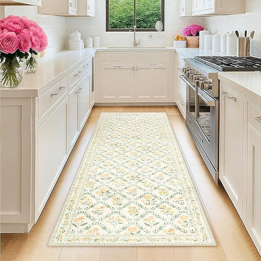 Runner Rug for Entryway: 2.6x8 Kitchen Rugs Non Slip Washable Ultra-Thin Soft Floral Carpet Indoor Floor Stain Resistant Carpets for Hallway Bedroom Kitchen Laundry Bathroom Dorm Beige/Multi