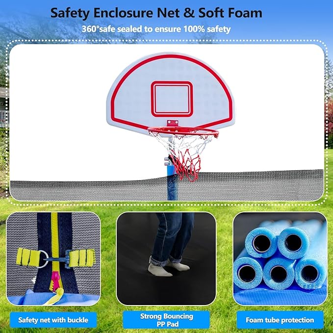 Upgraded 16FT 15FT 14FT 12FT 10FT 8FT Trampoline Outdoor with Basketball Hoop and Net, Capacity for 4-6 Kids and Adults