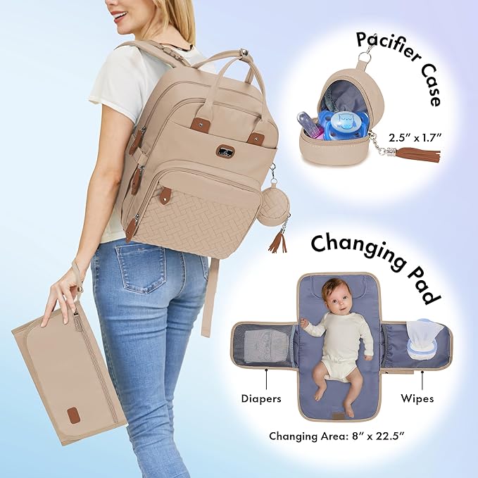 Dikaslon Diaper Bag Backpack with Portable Changing Pad, Pacifier Case and Stroller Straps, Large Unisex Baby Bags for Boys Girls, Multipurpose Travel Back Pack for Moms Dads, Milk Tea Khaki