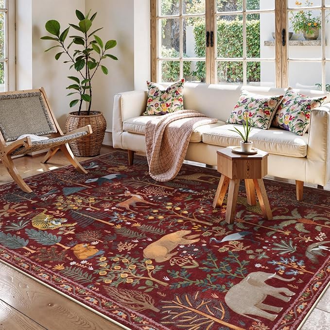 OJIA Jungle Print Washable Area Rugs 5x7, Soft Rugs for Living Room Ultra-Thin Non-Shedding Modern Bedroom Rug, Stain Resistant Throw Rug Large Carpet for Kids Nursery Dining Room, Red