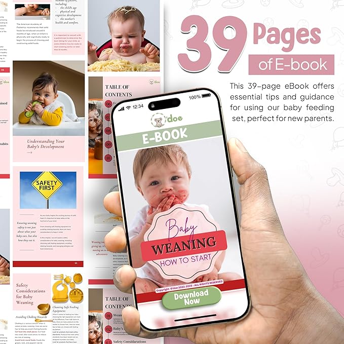 o'doe 11-Piece BPA-Free Silicone Baby Feeding Set | Thick & Soft Suction Plates, Baby Bowls, Wooden Fork & Spoon, and More | Make Mealtime Fun and Easy for Your Little One (Rose, V1)