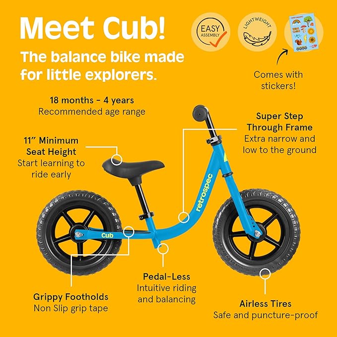Retrospec Cub Toddler 12" Balance Bike, 18 Months - 3 Years Old, No Pedal Beginner Kids Bicycle for Girls & Boys, Flat-Free Tires, Adjustable Seat, & Durable Frame