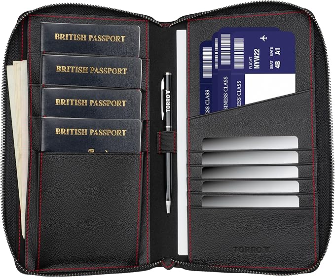 TORRO Premium Leather Family Travel Wallet, RFID Blocking Travel Organizer, Family Passport Holder for 4 Passports, Travel Documents and Cards (Black)