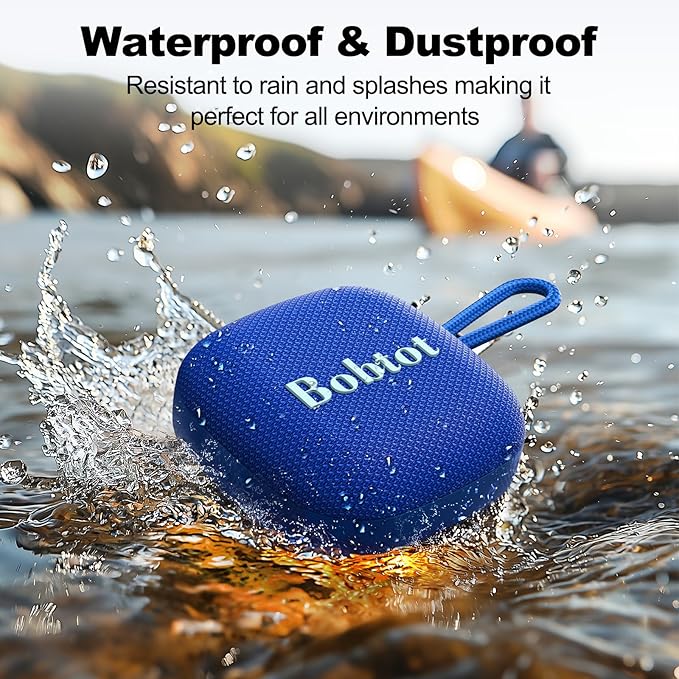Bobtot Portable Wireless Bluetooth Speakers - IPX7 Waterproof Small Shower Speaker with 16 Hours Playtime, Loud Stereo Sound, Built-in Mic, TWS, Mini Size with Carry Lanyard for Outdoor, Blue