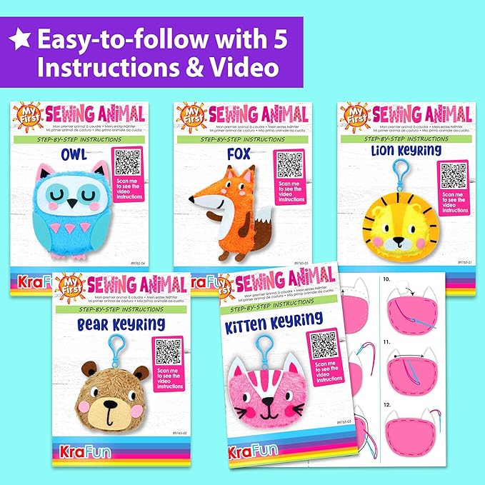 KRAFUN My First Sewing Animal for Kids, Beginner Art & Craft, 5 Easy Activities Stuffed Animal Dolls, Keyring Charms, Instructions & Felt Materials for Learn to Sew, Embroidery