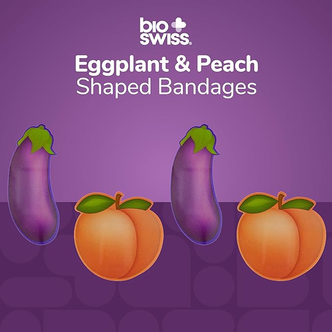 BioSwiss Bandages, Eggplant and Peach Shaped Adult Self Adhesive Bandage, Latex Free Sterile Wound Care, Funny First Aid Kit Supplies for Adults, 24 Count