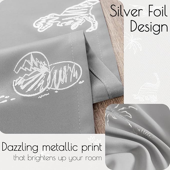 Vangao Kids Curtains Grey Blackout Dinosaur Curtains for Boys Kids Nursery Girls Room Silver Dino Foil Print Thermal Insulated Drapes Grommet Top Window Treatments 84 Inches Length 2 Panels