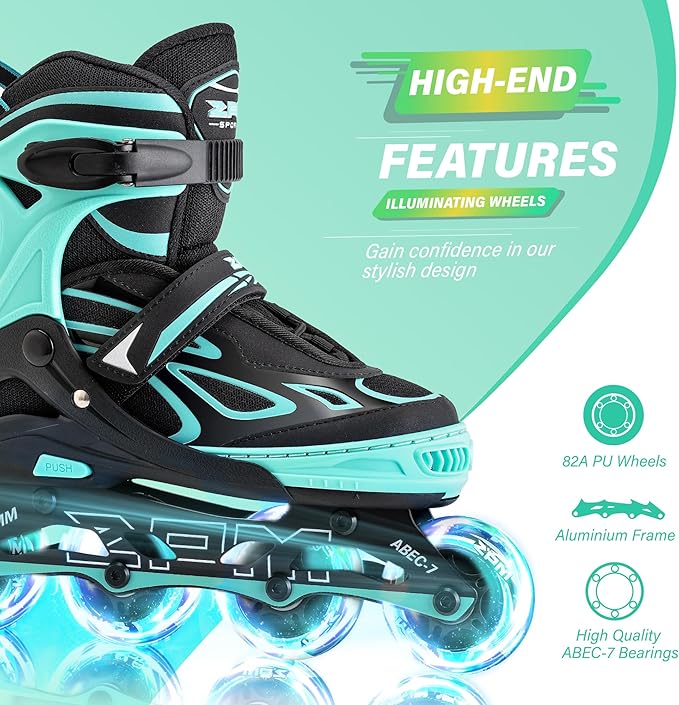 2PM SPORTS Vinal Girls Adjustable Flashing Inline Skates, All Wheels Light Up, Fun Illuminating Skates for Kids Men Adult Women and Boys